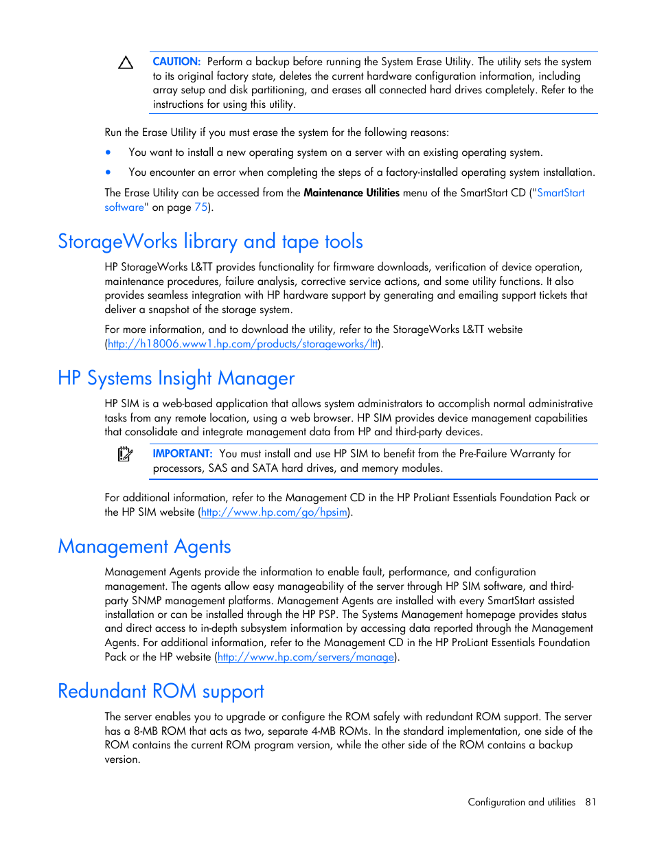 Storageworks library and tape tools, Hp systems insight manager, Management agents | Redundant rom support | HP PROLIANT ML330 G6 User Manual | Page 81 / 129