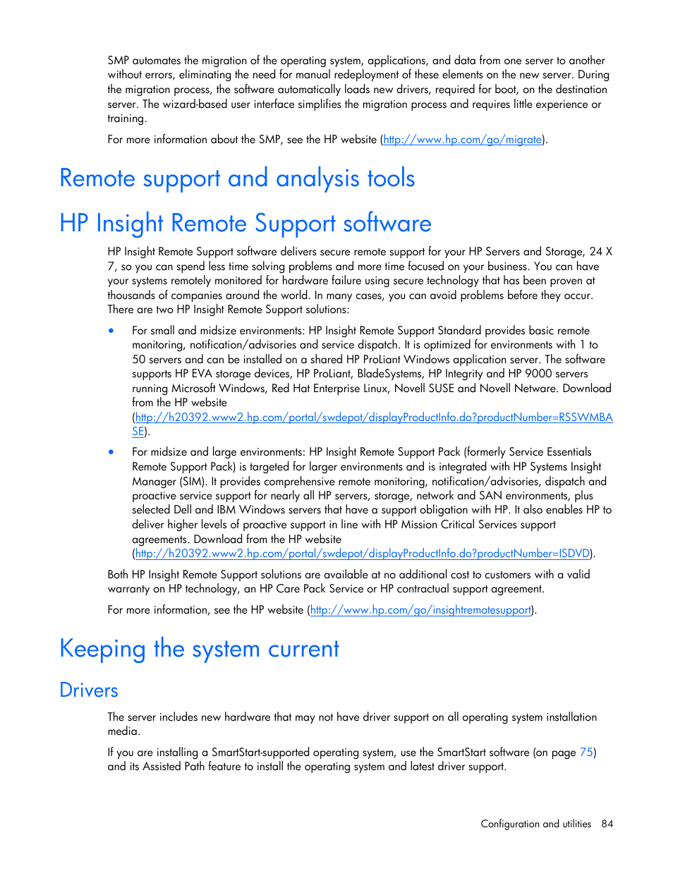 Remote support and analysis tools, Hp insight remote support software, Keeping the system current | Drivers | HP PROLIANT ML330 G6 User Manual | Page 84 / 129