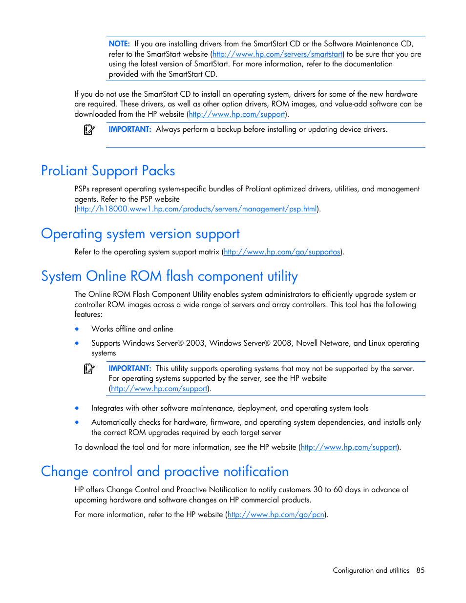 Proliant support packs, Operating system version support, System online rom flash component utility | Change control and proactive notification, H the hp psp | HP PROLIANT ML330 G6 User Manual | Page 85 / 129