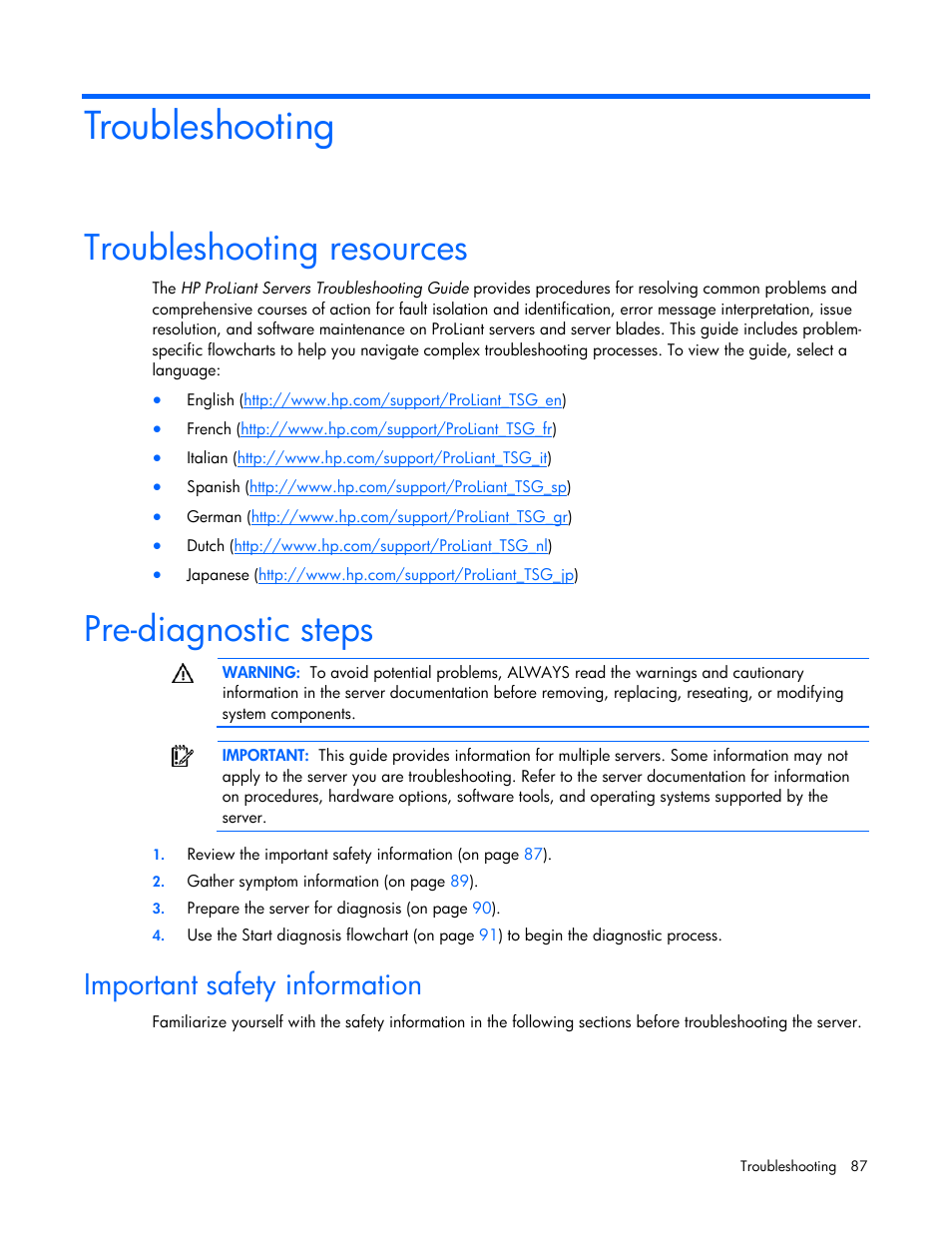 Troubleshooting, Troubleshooting resources, Pre-diagnostic steps | Important safety information | HP PROLIANT ML330 G6 User Manual | Page 87 / 129