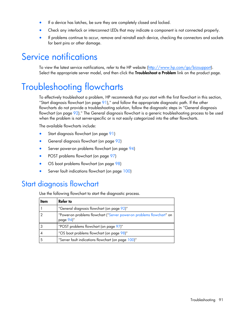 Service notifications, Troubleshooting flowcharts, Start diagnosis flowchart | HP PROLIANT ML330 G6 User Manual | Page 91 / 129