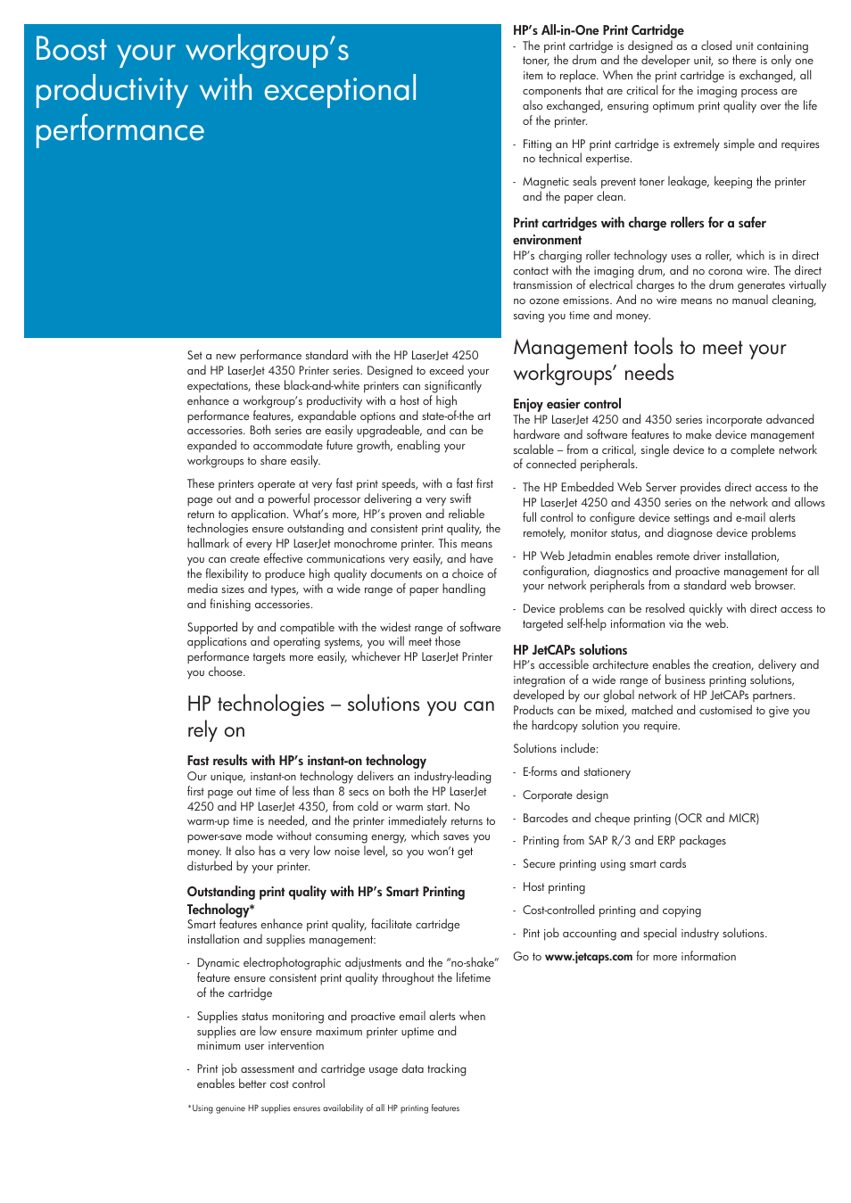 Msystems ltd, Hp technologies – solutions you can rely on, Management tools to meet your workgroups’ needs | HP 4250 User Manual | Page 2 / 4