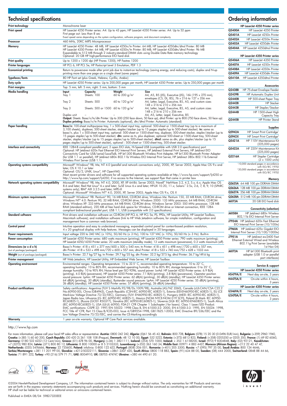 Msystems ltd, Technical specifications, Ordering information | HP 4250 User Manual | Page 4 / 4