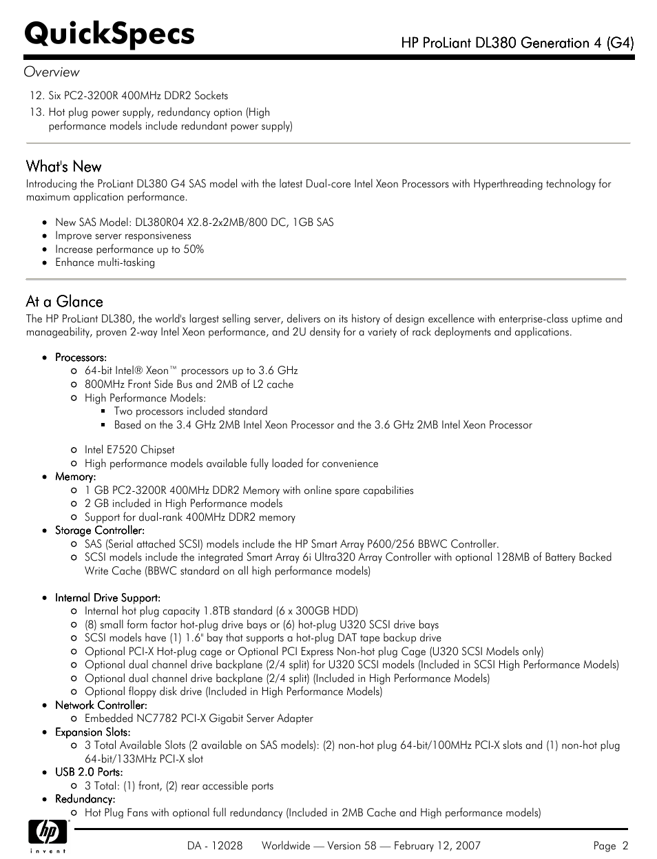 Quickspecs, What's new, At a glance | HP SCSI User Manual | Page 2 / 48