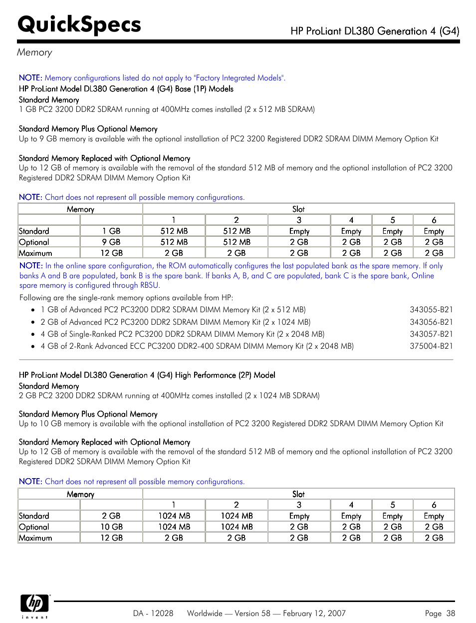 Memory, Quickspecs | HP SCSI User Manual | Page 38 / 48