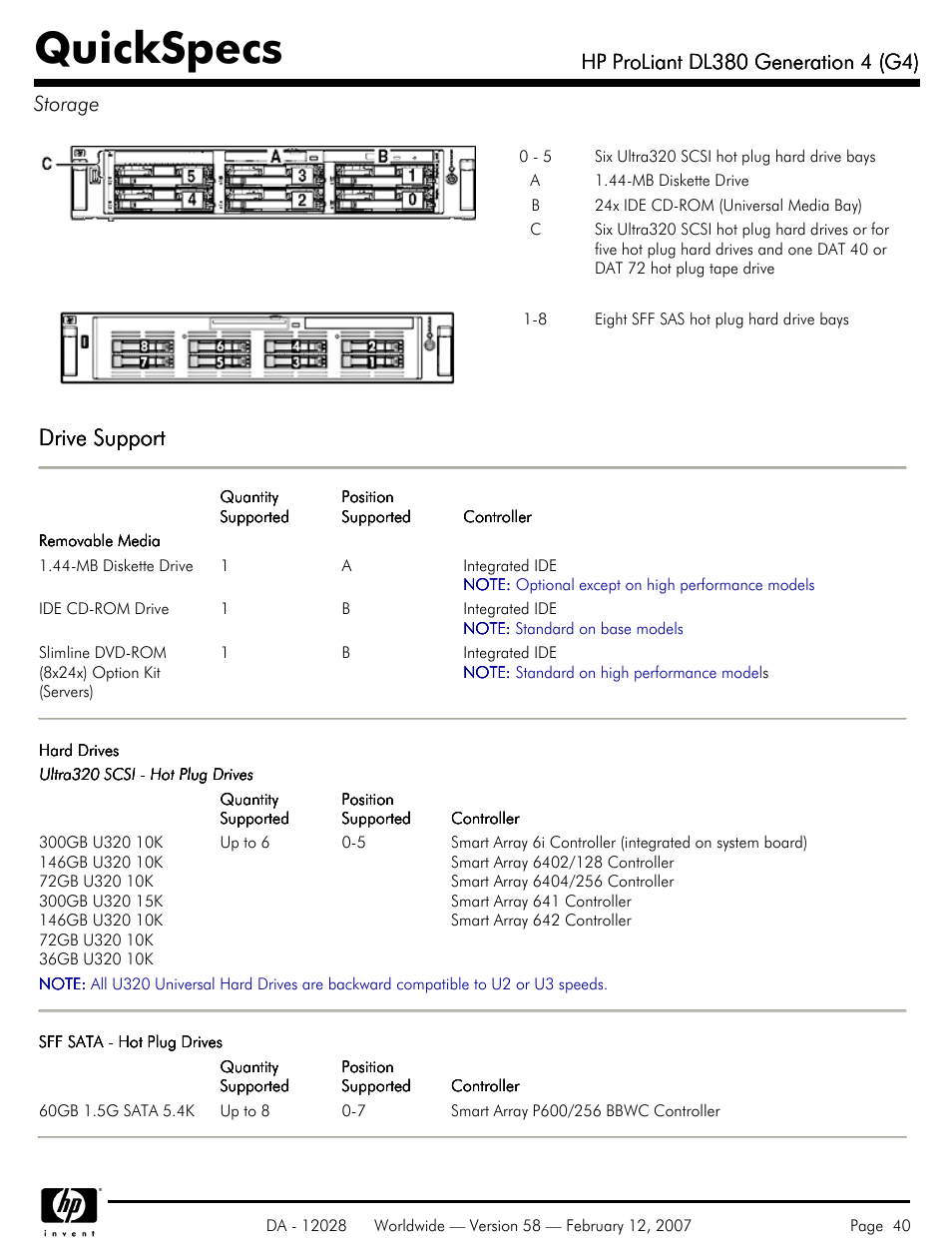 Storage, Quickspecs, Drive support | HP SCSI User Manual | Page 40 / 48