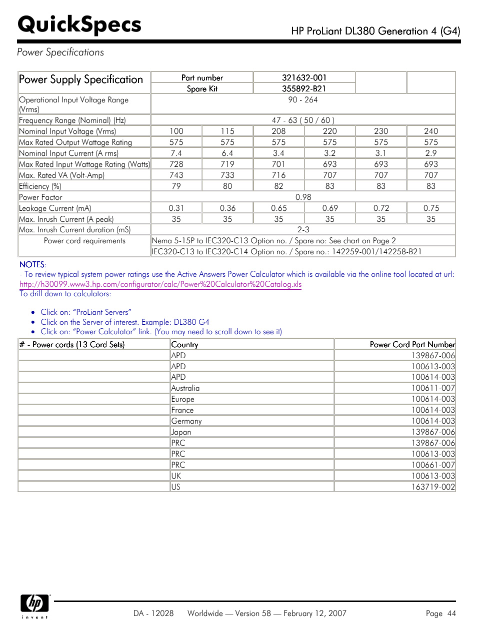 Power specifications, Quickspecs, Power supply specification | HP SCSI User Manual | Page 44 / 48