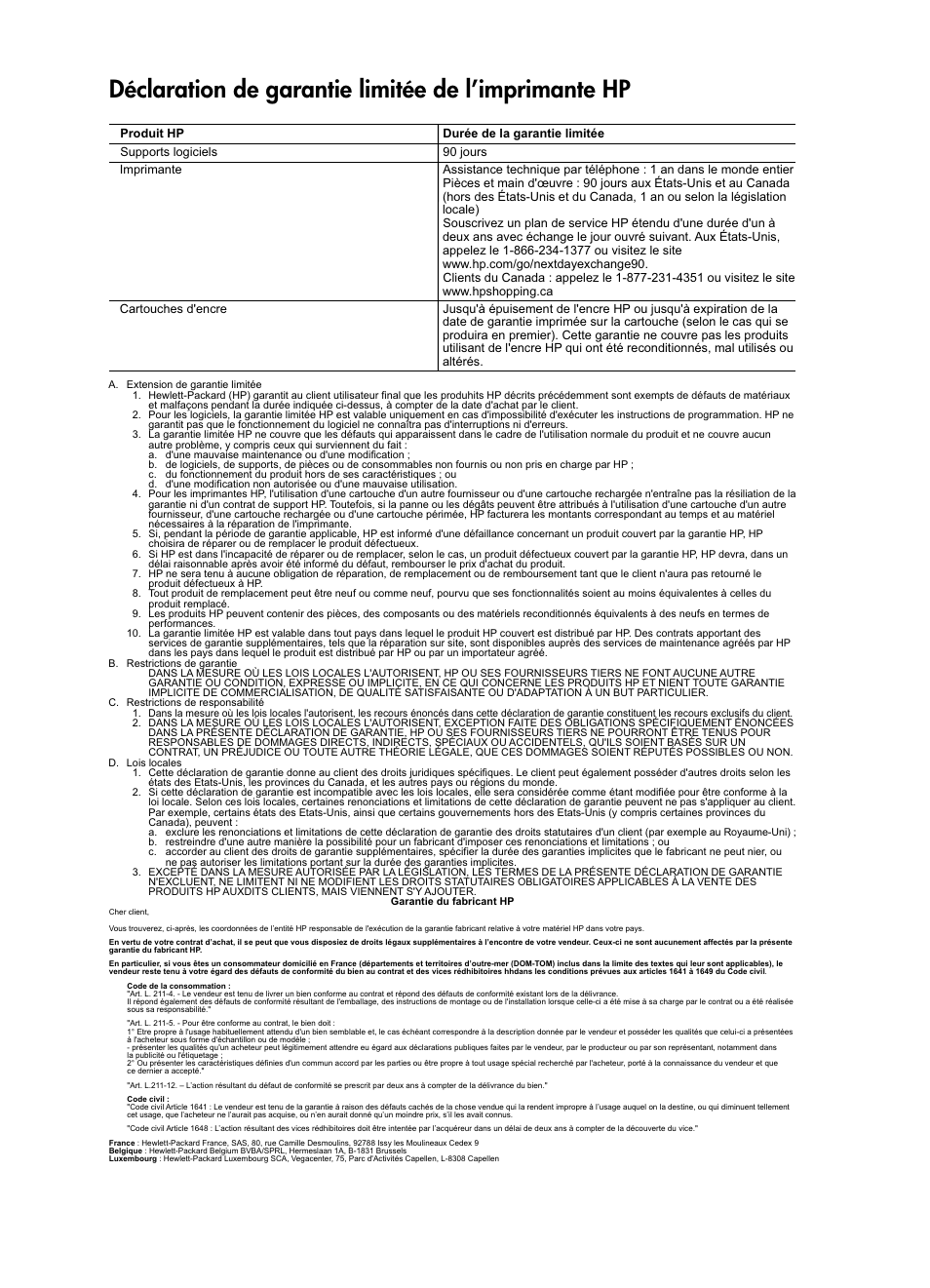 Déclaration de garantie limitée de l’imprimante hp | HP CH350-90038 User Manual | Page 12 / 12