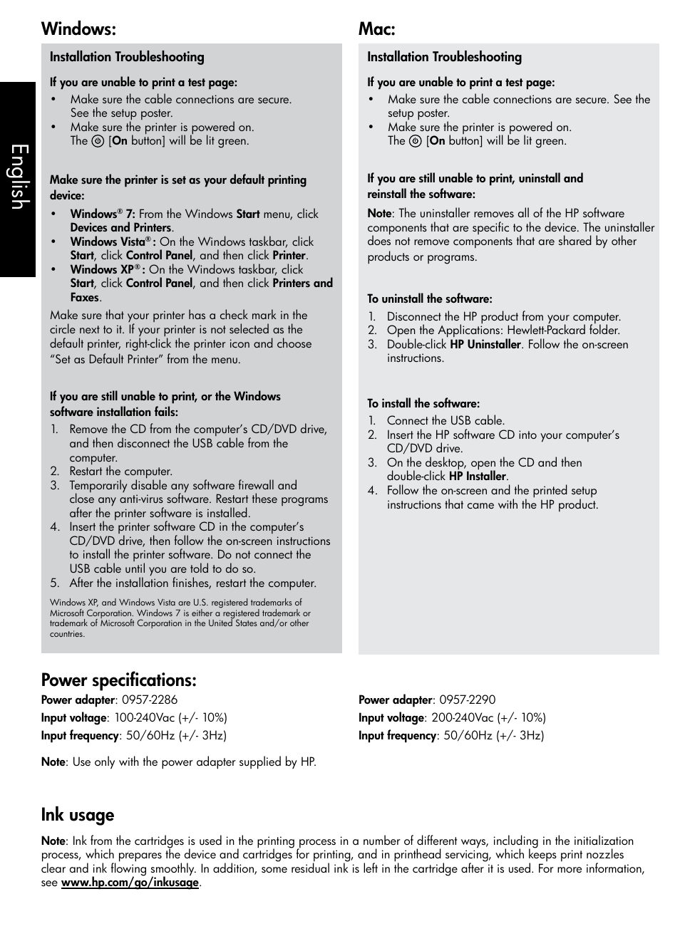 English, Windows: mac: ink usage power specifications | HP CH350-90038 User Manual | Page 2 / 12
