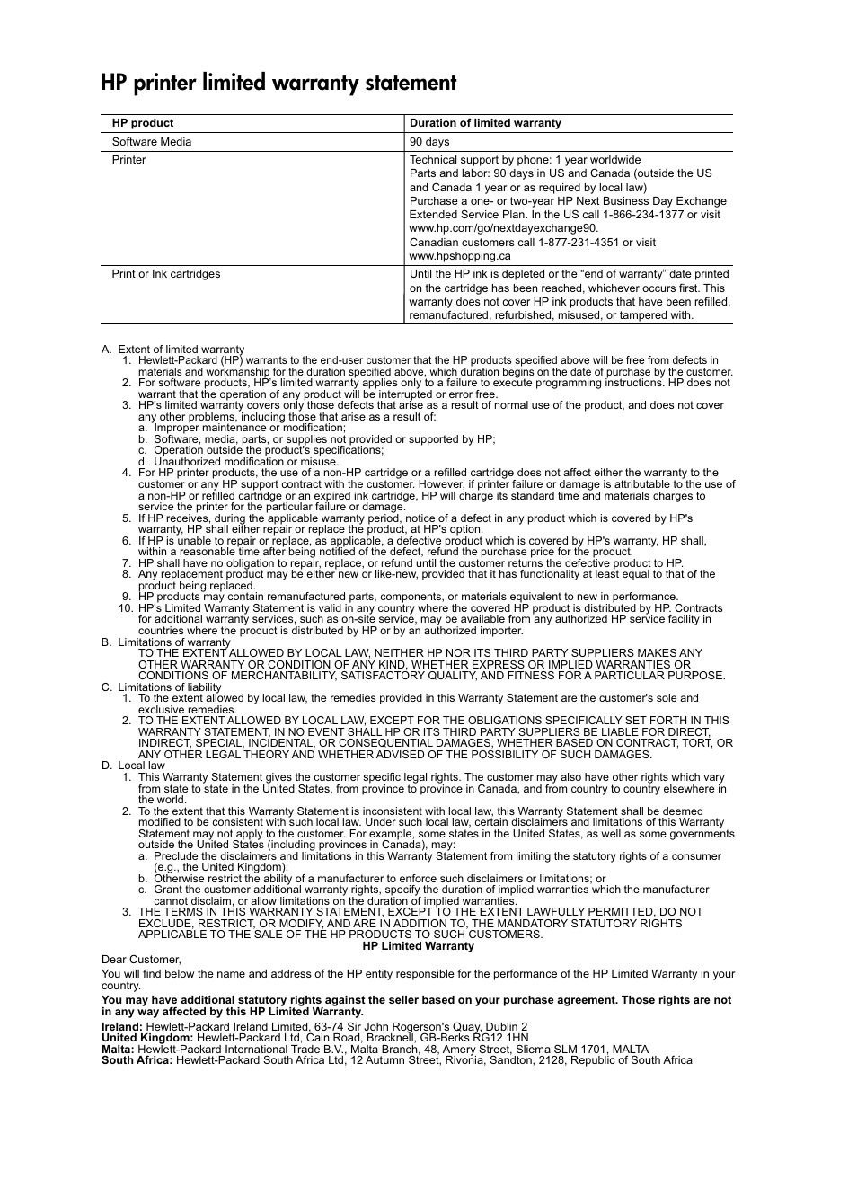 Hp printer limited warranty statement | HP CH350-90038 User Manual | Page 4 / 12