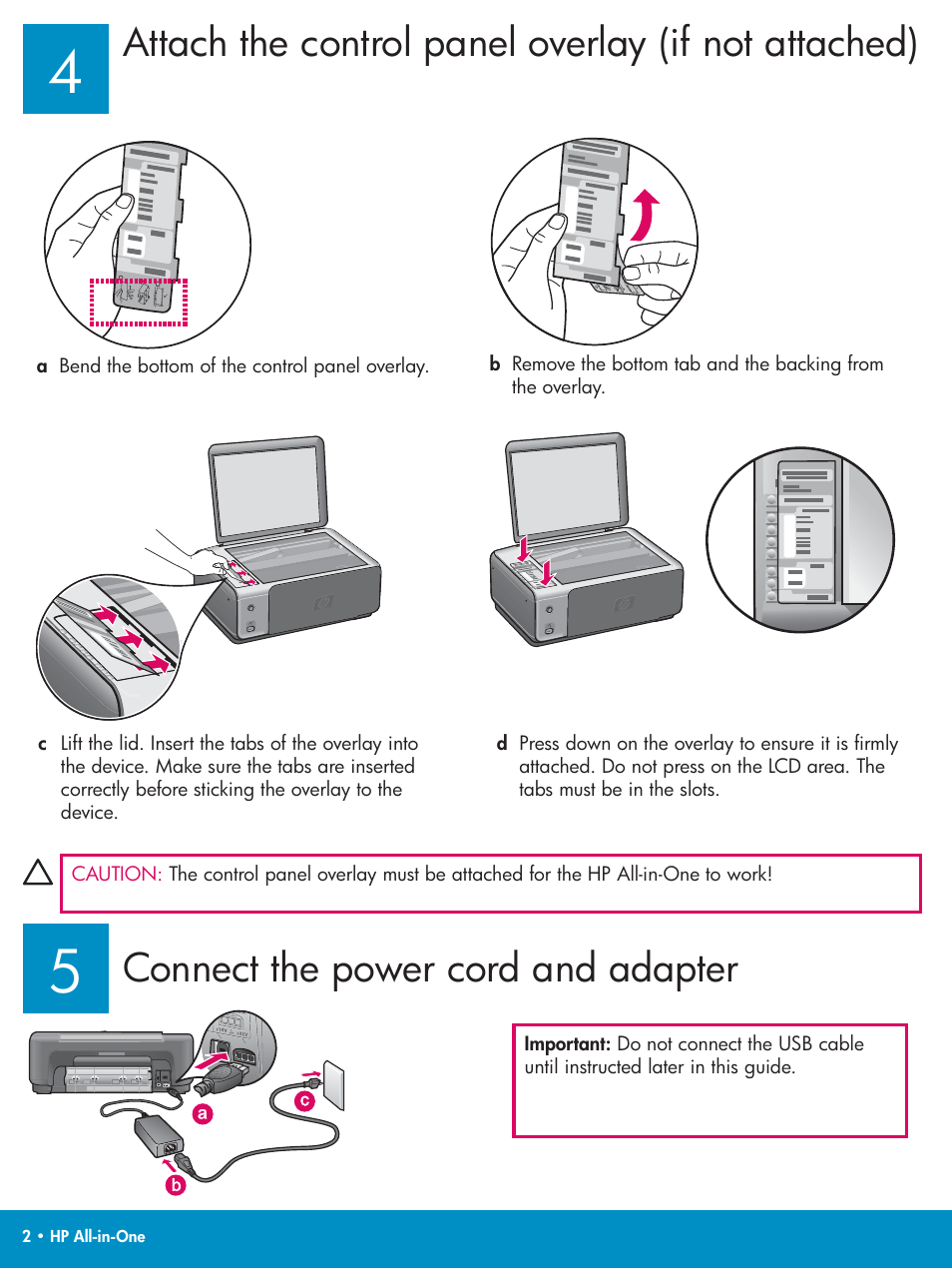 Attach the control panel overlay (if not attached), Connect the power cord and adapter | HP PSC 1500 User Manual | Page 2 / 8