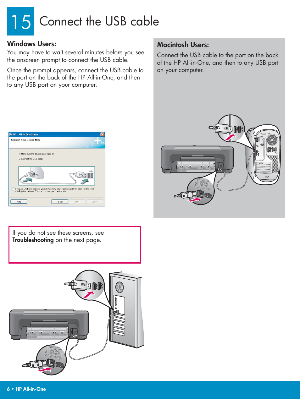 Connect the usb cable | HP PSC 1500 User Manual | Page 6 / 8