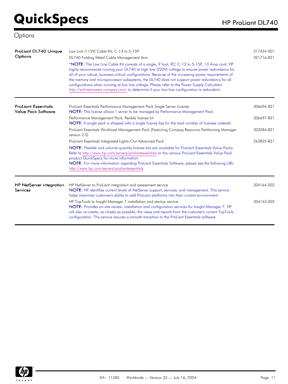 Options, Quickspecs, Hp proliant dl740 | Hp proliant dl740 options | HP ProLiant DL740 User Manual | Page 11 / 36