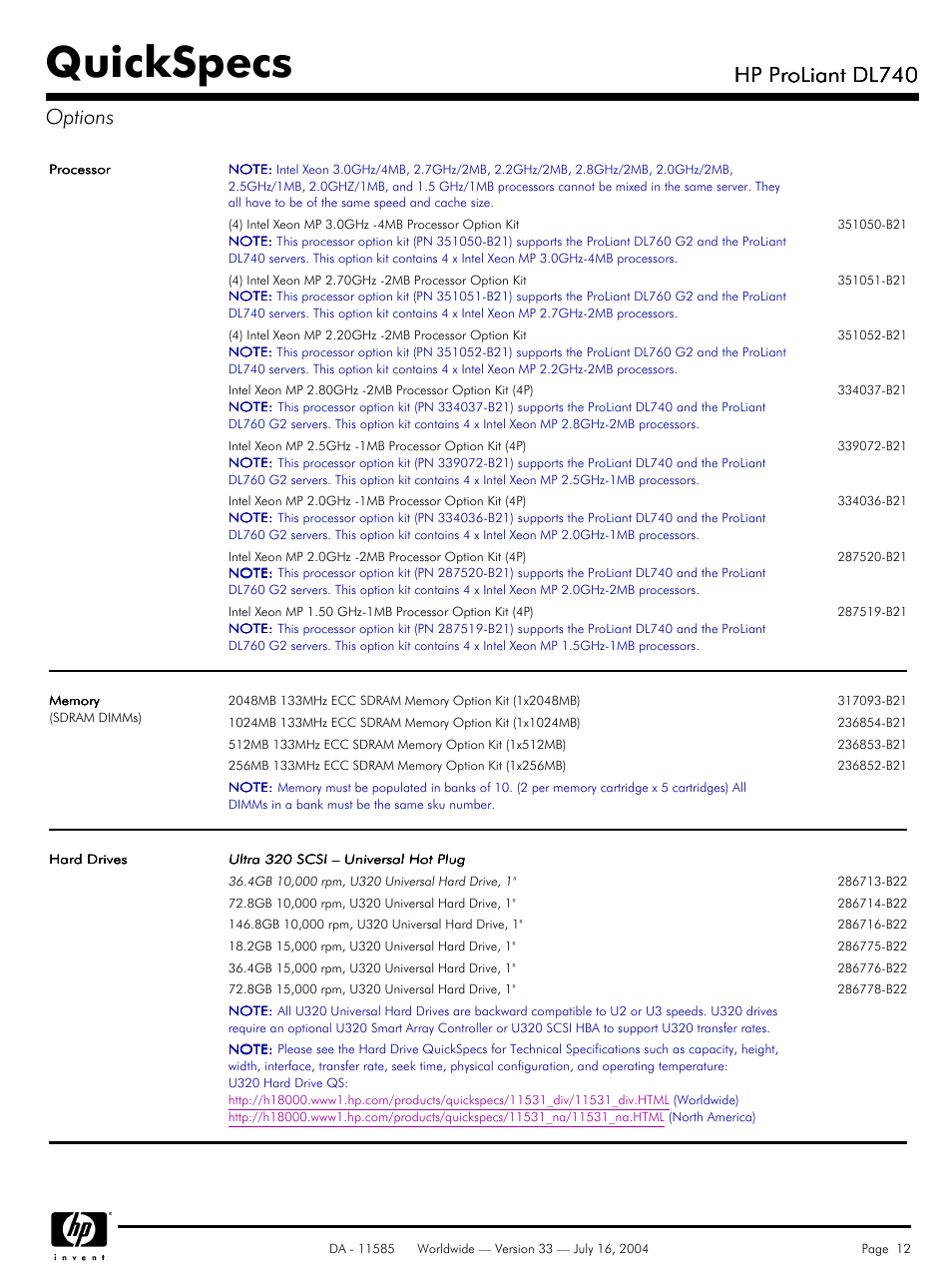 Quickspecs, Hp proliant dl740, Hp proliant dl740 options | HP ProLiant DL740 User Manual | Page 12 / 36