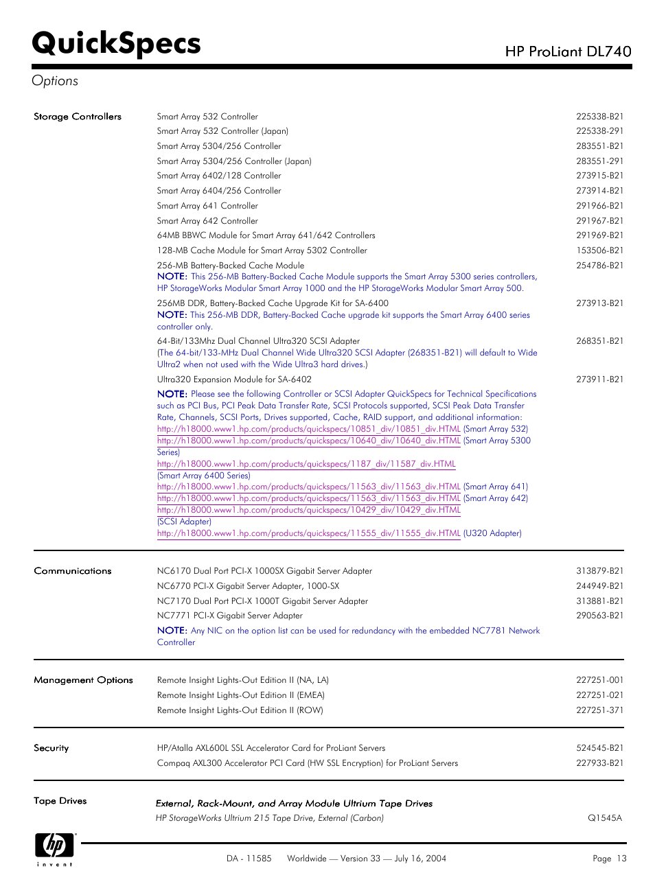 Quickspecs, Hp proliant dl740, Hp proliant dl740 options | HP ProLiant DL740 User Manual | Page 13 / 36