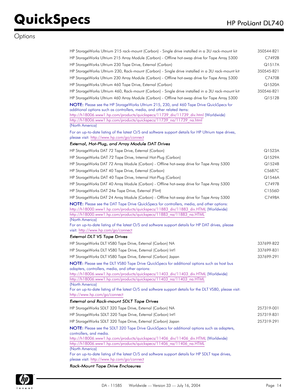 Quickspecs, Hp proliant dl740, Hp proliant dl740 options | HP ProLiant DL740 User Manual | Page 14 / 36