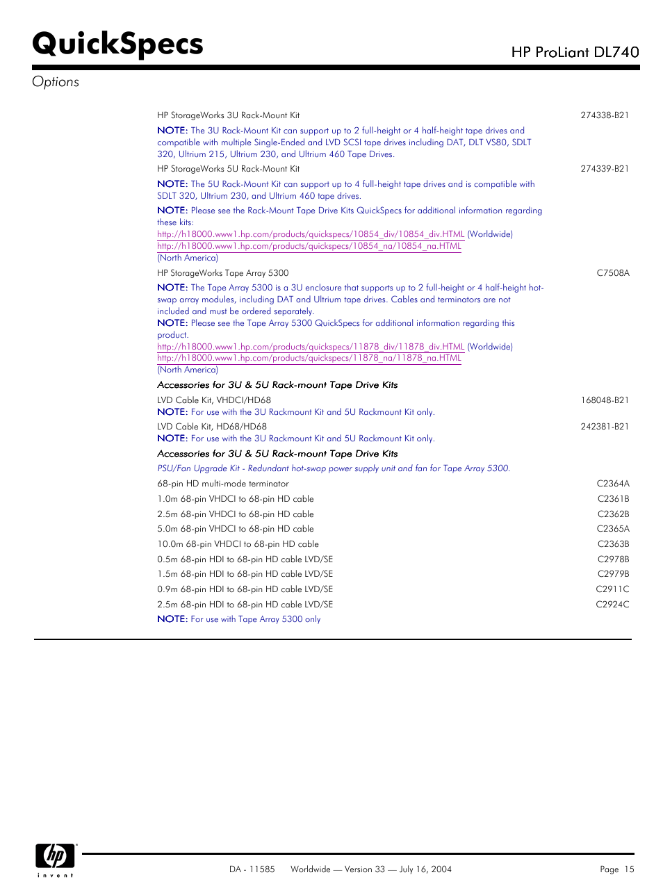Quickspecs, Hp proliant dl740, Hp proliant dl740 options | HP ProLiant DL740 User Manual | Page 15 / 36