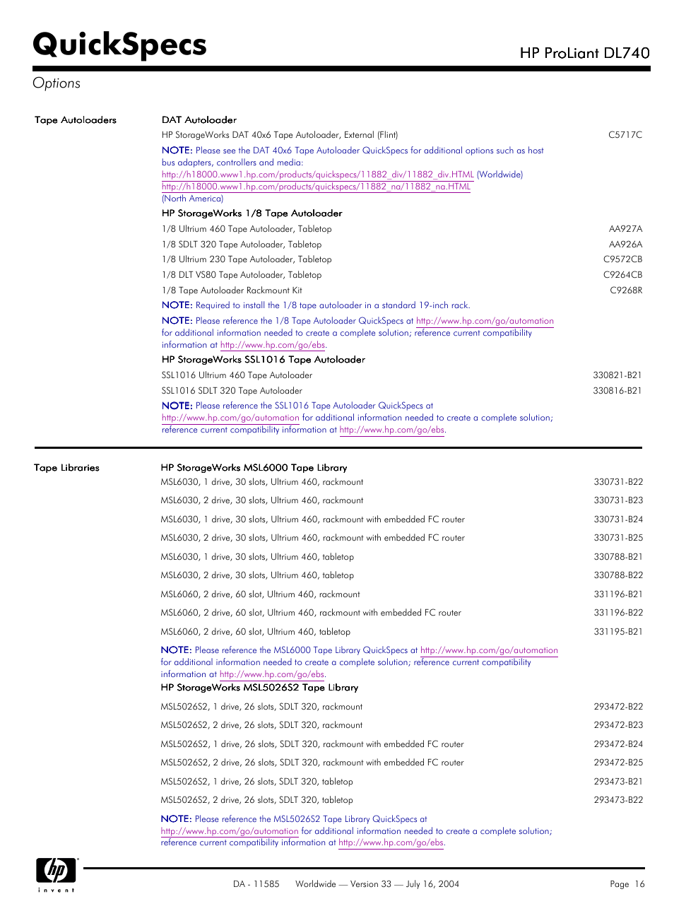 Quickspecs, Hp proliant dl740, Hp proliant dl740 options | HP ProLiant DL740 User Manual | Page 16 / 36