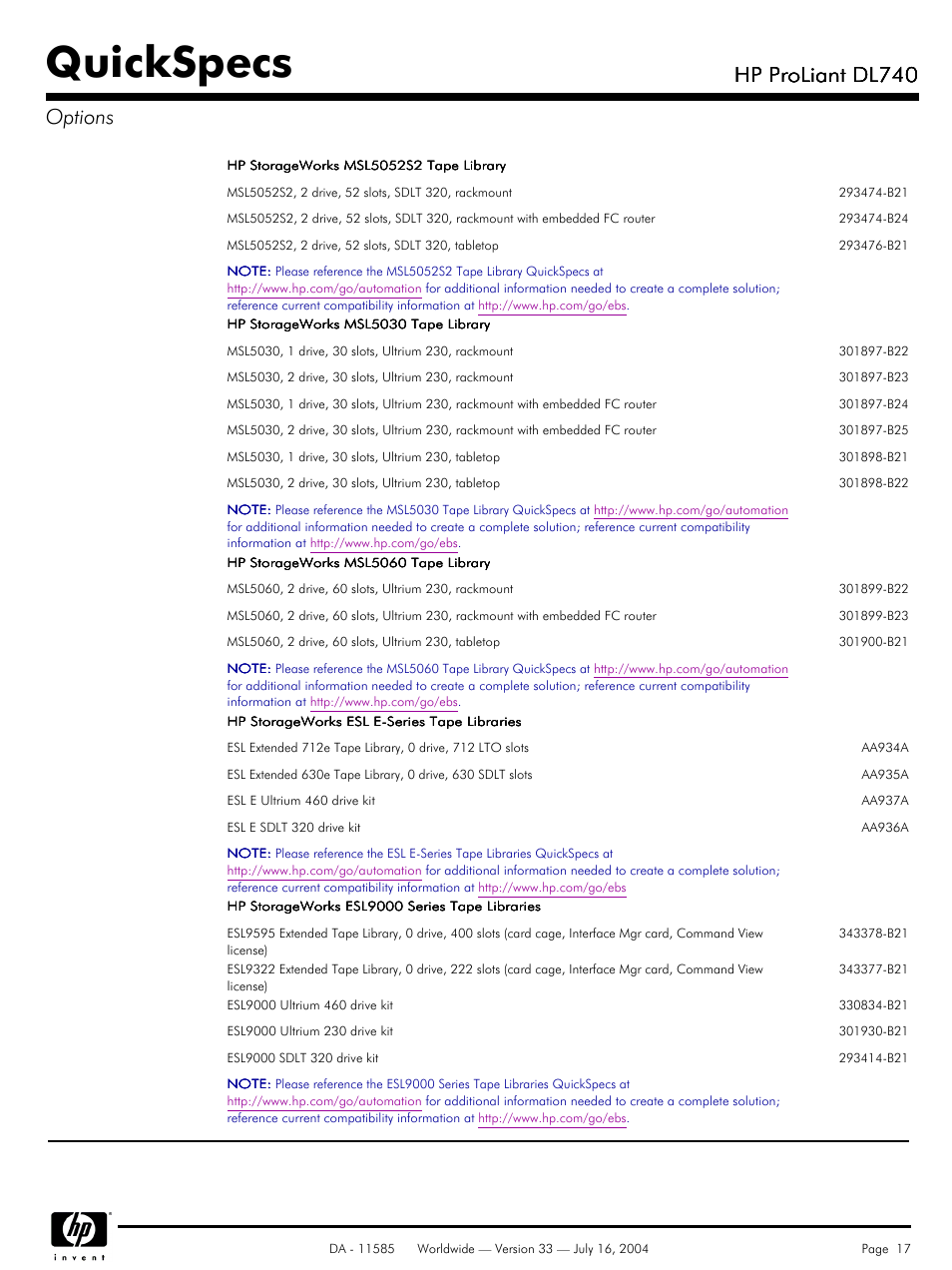 Quickspecs, Hp proliant dl740, Hp proliant dl740 options | HP ProLiant DL740 User Manual | Page 17 / 36