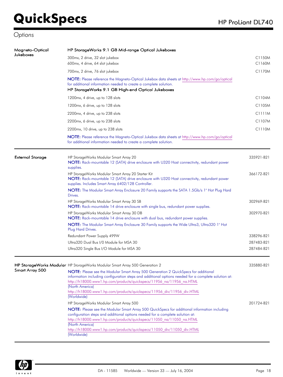 Quickspecs, Hp proliant dl740, Hp proliant dl740 options | HP ProLiant DL740 User Manual | Page 18 / 36