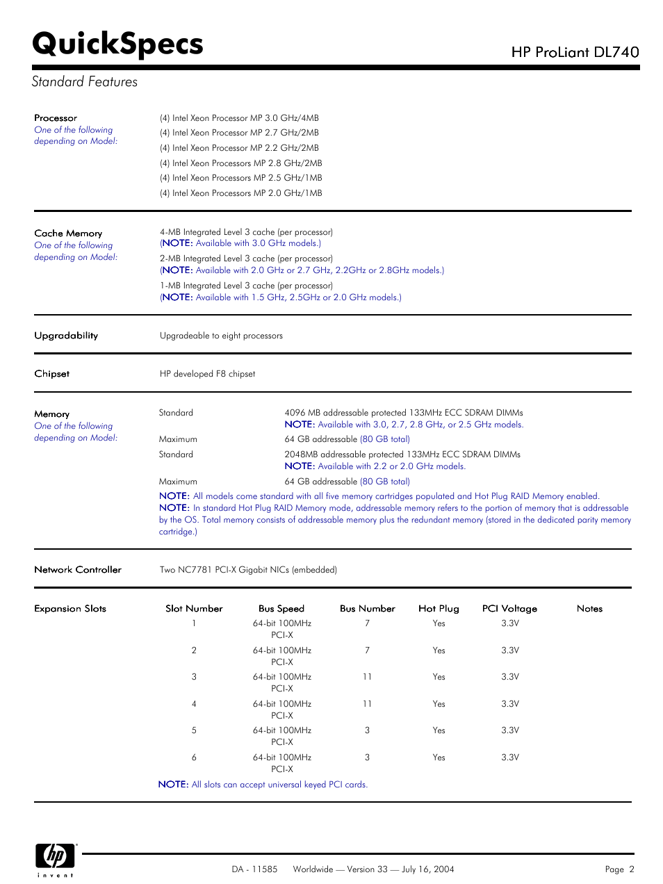 Standard features, Quickspecs, Hp proliant dl740 | Hp proliant dl740 standard features | HP ProLiant DL740 User Manual | Page 2 / 36