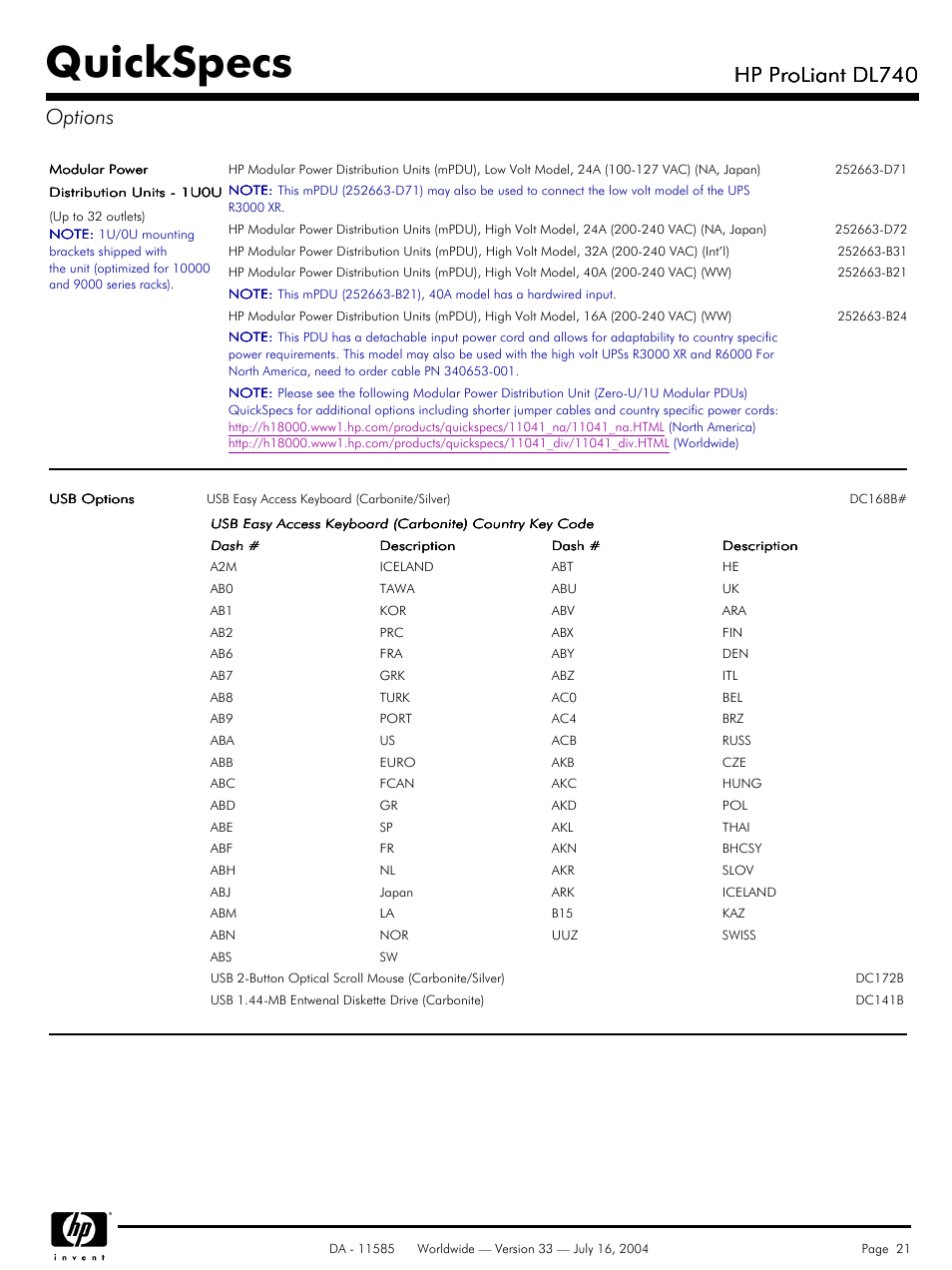 Quickspecs, Hp proliant dl740, Hp proliant dl740 options | HP ProLiant DL740 User Manual | Page 21 / 36