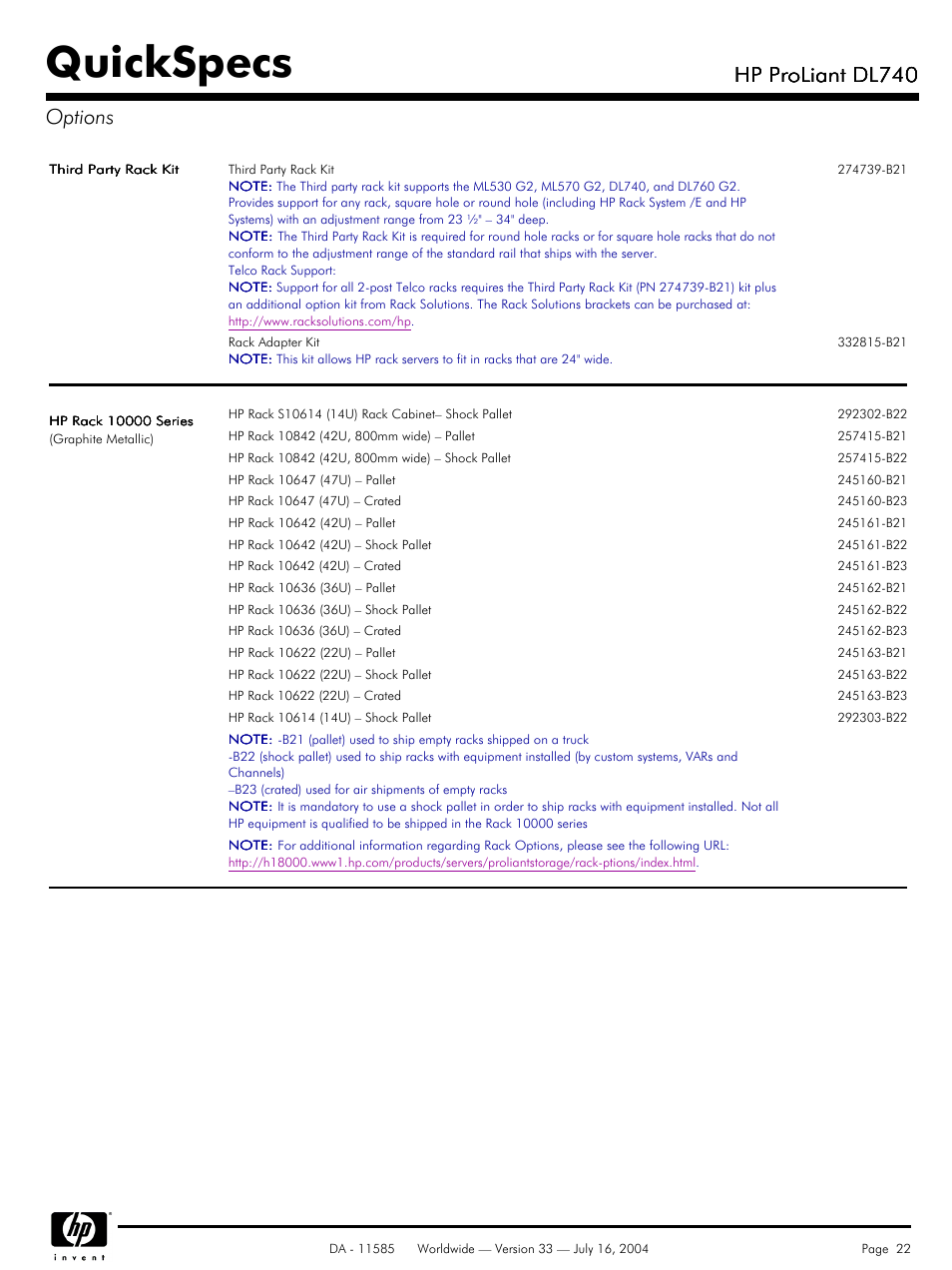 Quickspecs, Hp proliant dl740, Hp proliant dl740 options | HP ProLiant DL740 User Manual | Page 22 / 36