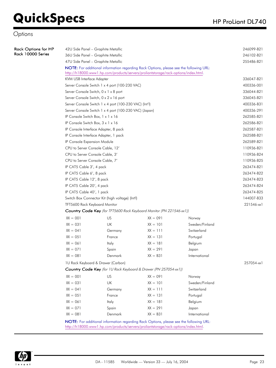 Quickspecs, Hp proliant dl740, Hp proliant dl740 options | HP ProLiant DL740 User Manual | Page 23 / 36