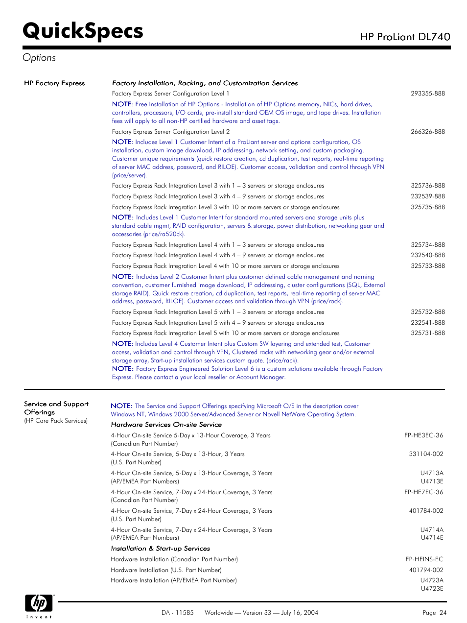 Quickspecs, Hp proliant dl740, Hp proliant dl740 options | HP ProLiant DL740 User Manual | Page 24 / 36