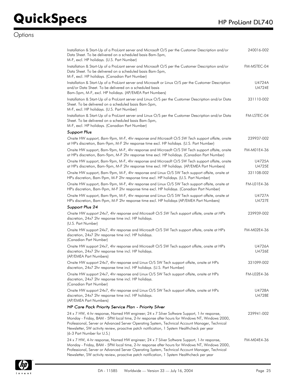 Quickspecs, Hp proliant dl740, Hp proliant dl740 options | HP ProLiant DL740 User Manual | Page 25 / 36