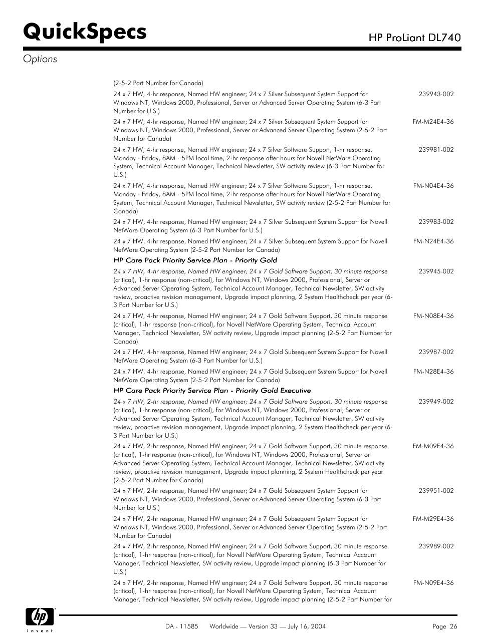 Quickspecs, Hp proliant dl740, Hp proliant dl740 options | HP ProLiant DL740 User Manual | Page 26 / 36