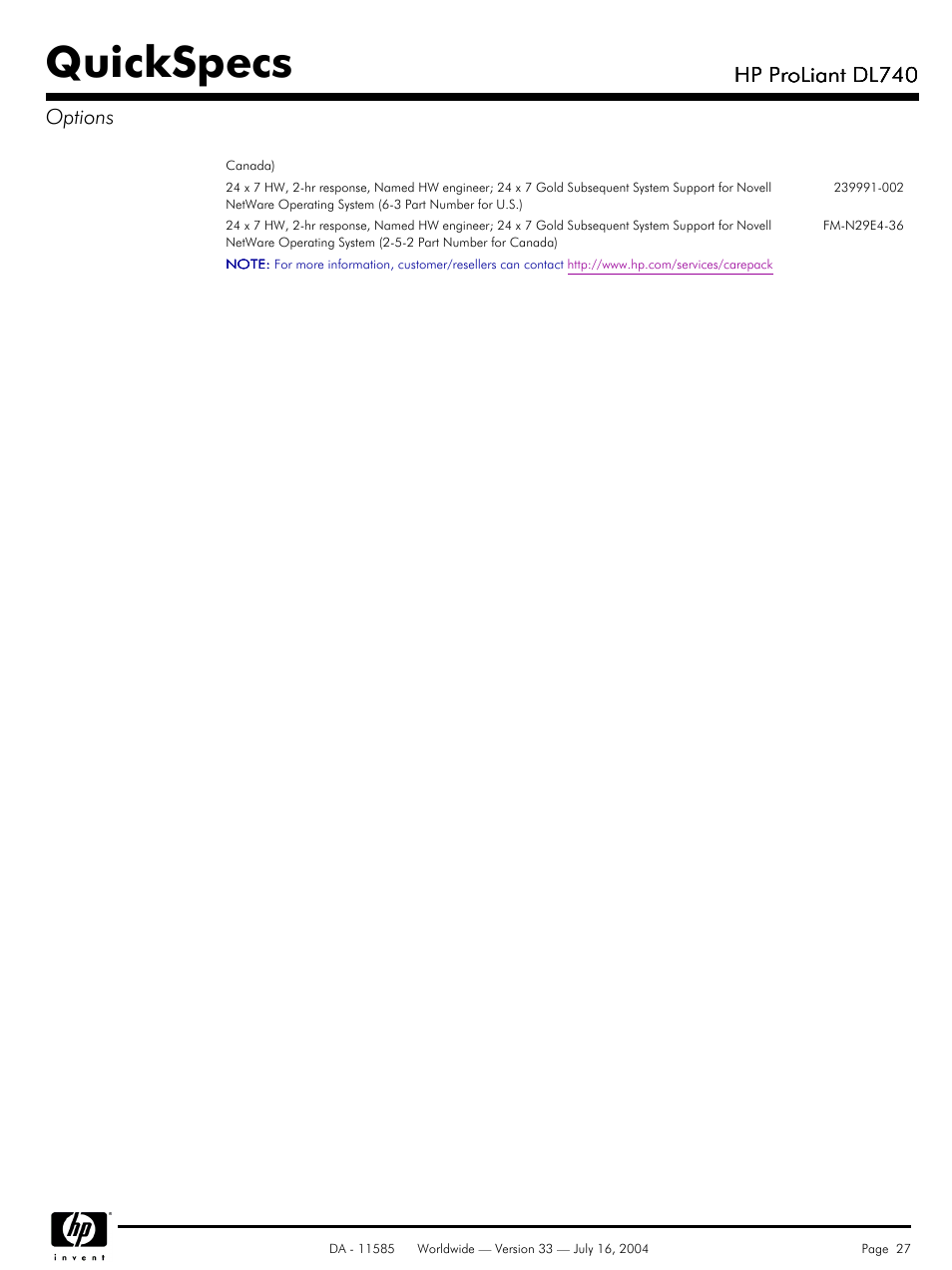 Quickspecs, Hp proliant dl740, Hp proliant dl740 options | HP ProLiant DL740 User Manual | Page 27 / 36