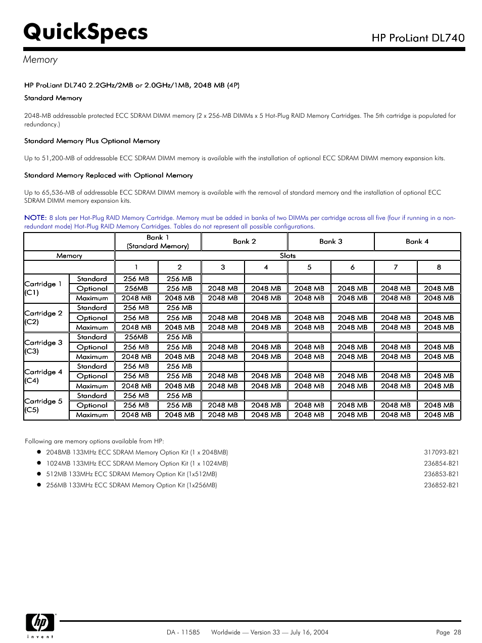 Memory, Quickspecs, Hp proliant dl740 | HP ProLiant DL740 User Manual | Page 28 / 36