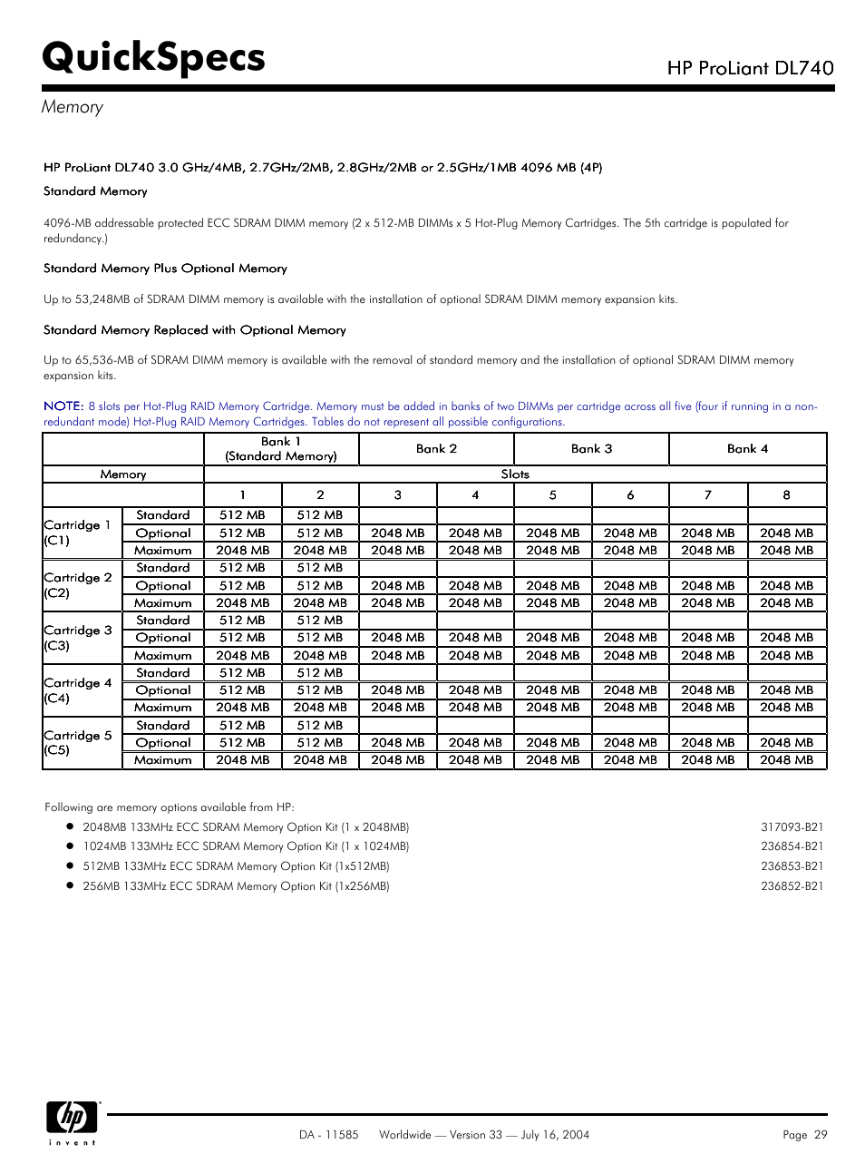 Quickspecs, Hp proliant dl740 | HP ProLiant DL740 User Manual | Page 29 / 36