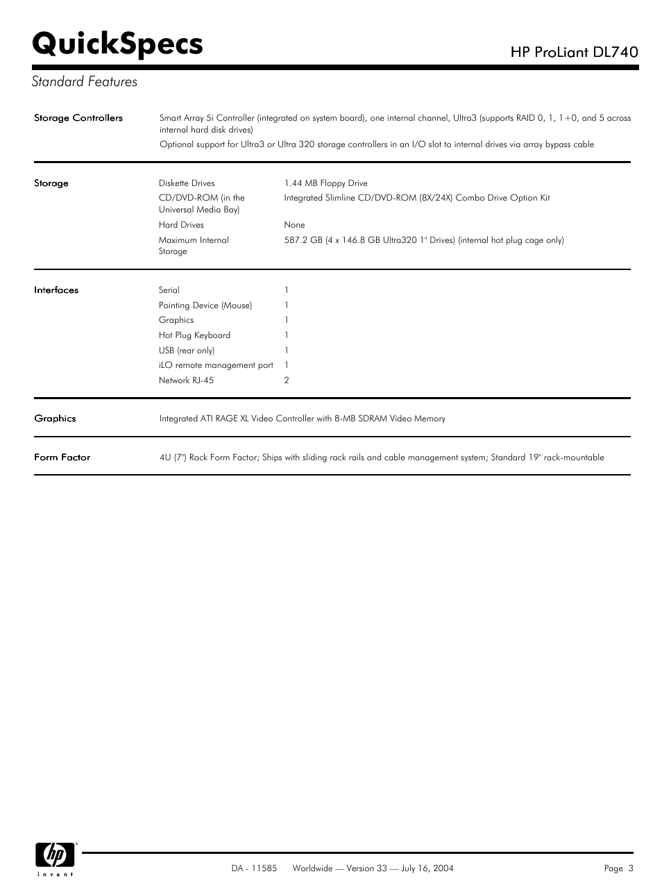 Quickspecs, Hp proliant dl740, Hp proliant dl740 standard features | HP ProLiant DL740 User Manual | Page 3 / 36