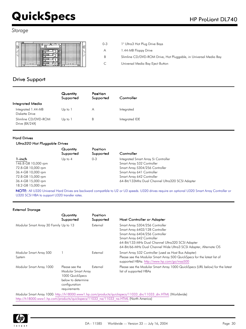 Storage, Quickspecs, Hp proliant dl740 | Hp proliant dl740 storage | HP ProLiant DL740 User Manual | Page 30 / 36