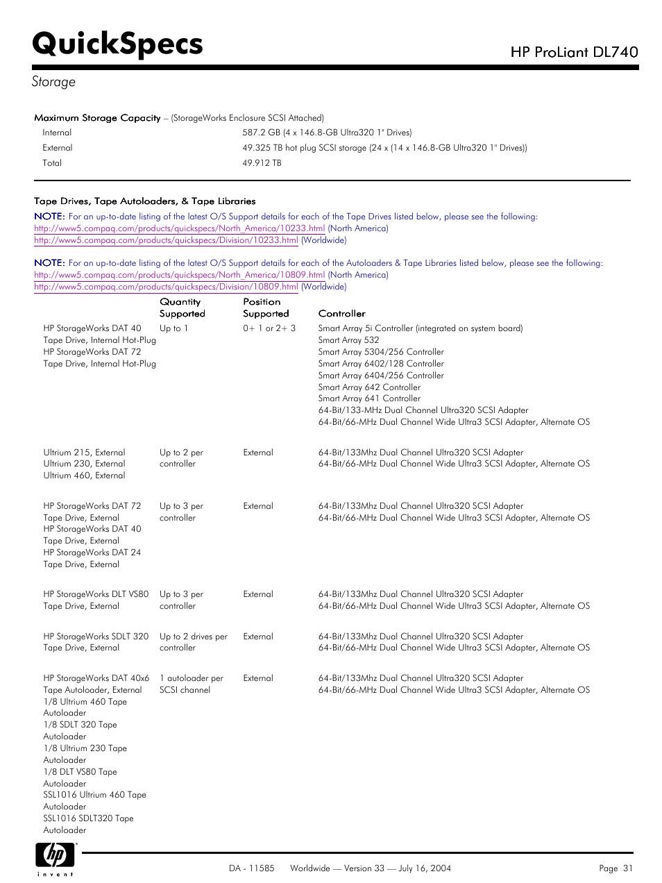 Quickspecs, Hp proliant dl740, Hp proliant dl740 storage | HP ProLiant DL740 User Manual | Page 31 / 36