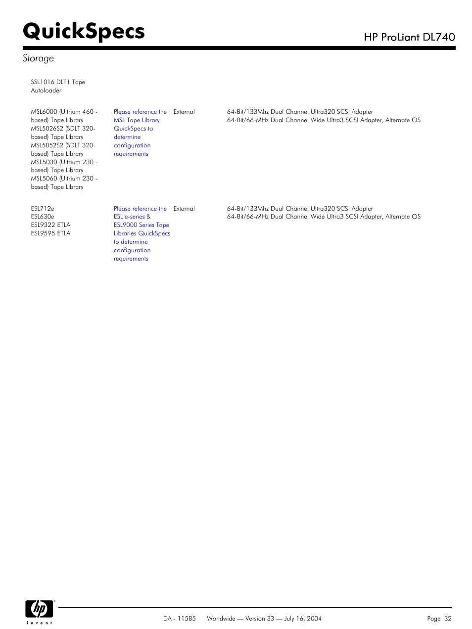 Quickspecs, Hp proliant dl740, Hp proliant dl740 storage | HP ProLiant DL740 User Manual | Page 32 / 36