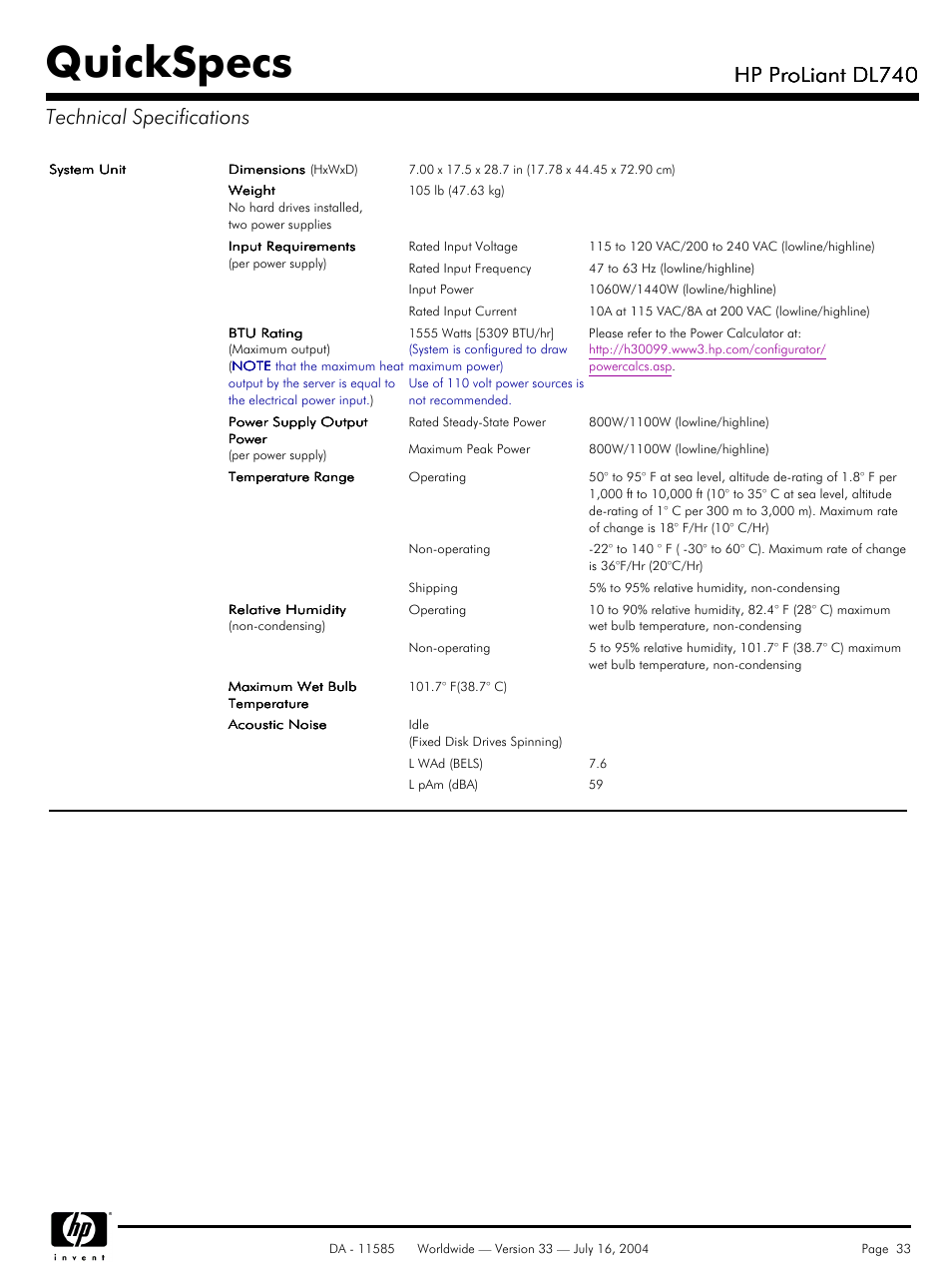 Technical specifications, Quickspecs, Hp proliant dl740 | Hp proliant dl740 technical specifications | HP ProLiant DL740 User Manual | Page 33 / 36