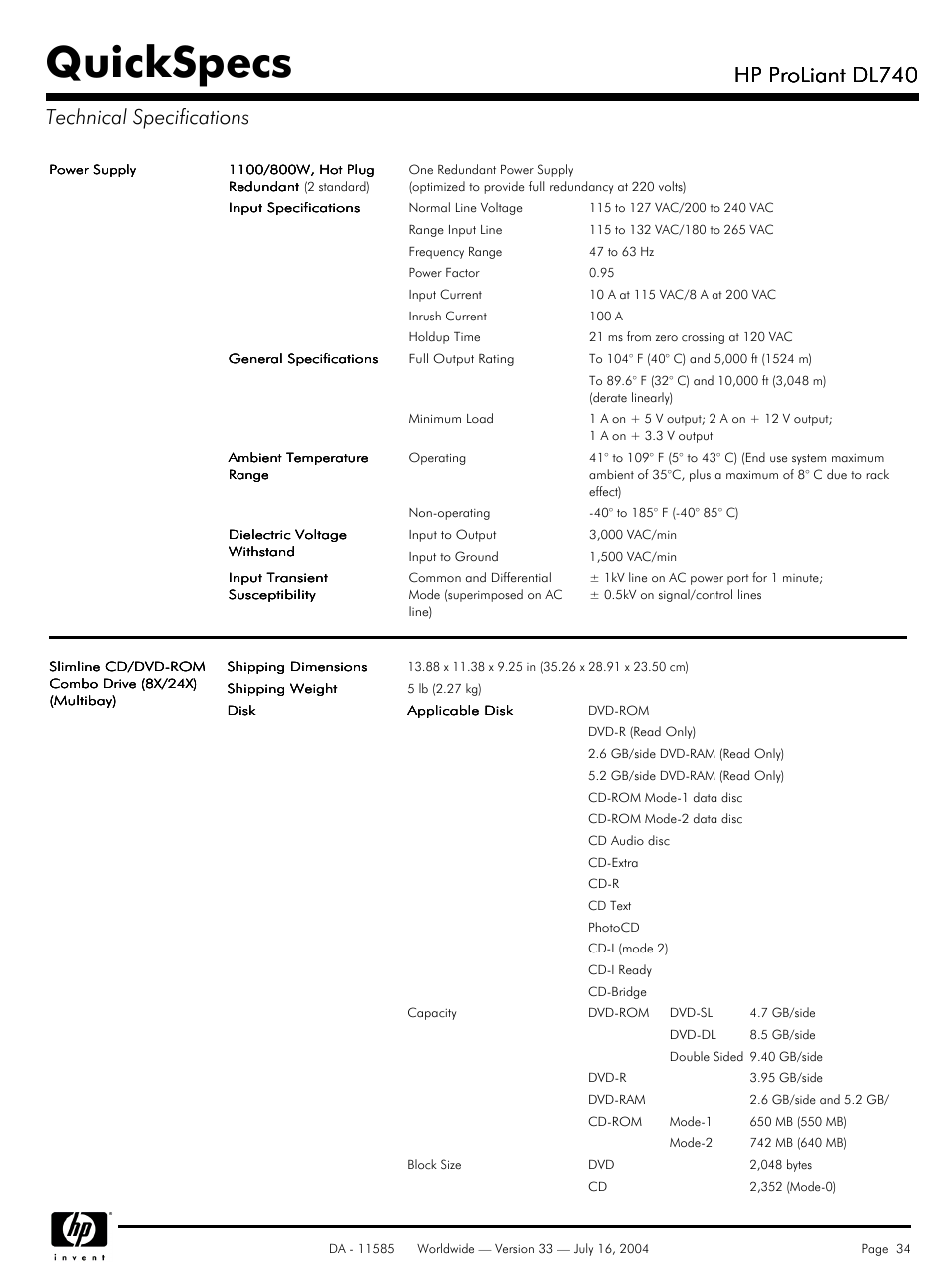 Quickspecs, Hp proliant dl740, Hp proliant dl740 technical specifications | HP ProLiant DL740 User Manual | Page 34 / 36