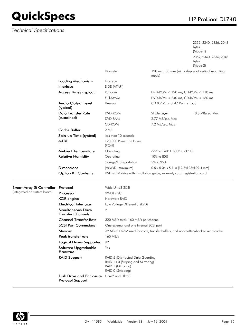 Quickspecs, Hp proliant dl740, Hp proliant dl740 technical specifications | HP ProLiant DL740 User Manual | Page 35 / 36