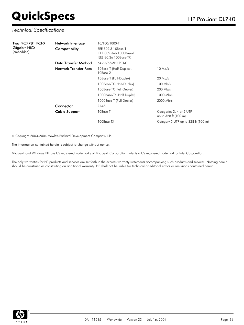 Quickspecs, Hp proliant dl740, Hp proliant dl740 technical specifications | HP ProLiant DL740 User Manual | Page 36 / 36