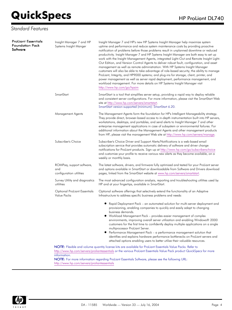 Quickspecs, Hp proliant dl740, Hp proliant dl740 standard features | HP ProLiant DL740 User Manual | Page 4 / 36