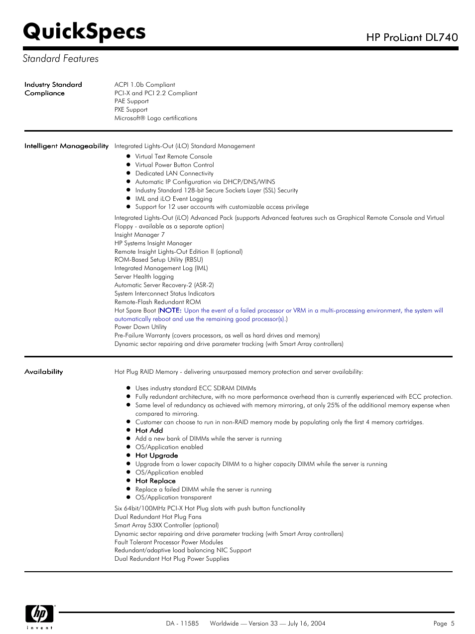 Quickspecs, Hp proliant dl740, Hp proliant dl740 standard features | HP ProLiant DL740 User Manual | Page 5 / 36