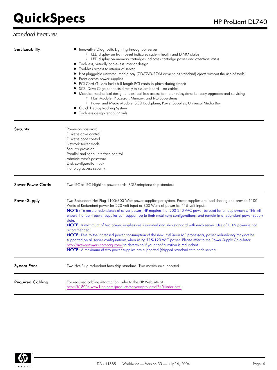 Quickspecs, Hp proliant dl740, Hp proliant dl740 standard features | HP ProLiant DL740 User Manual | Page 6 / 36