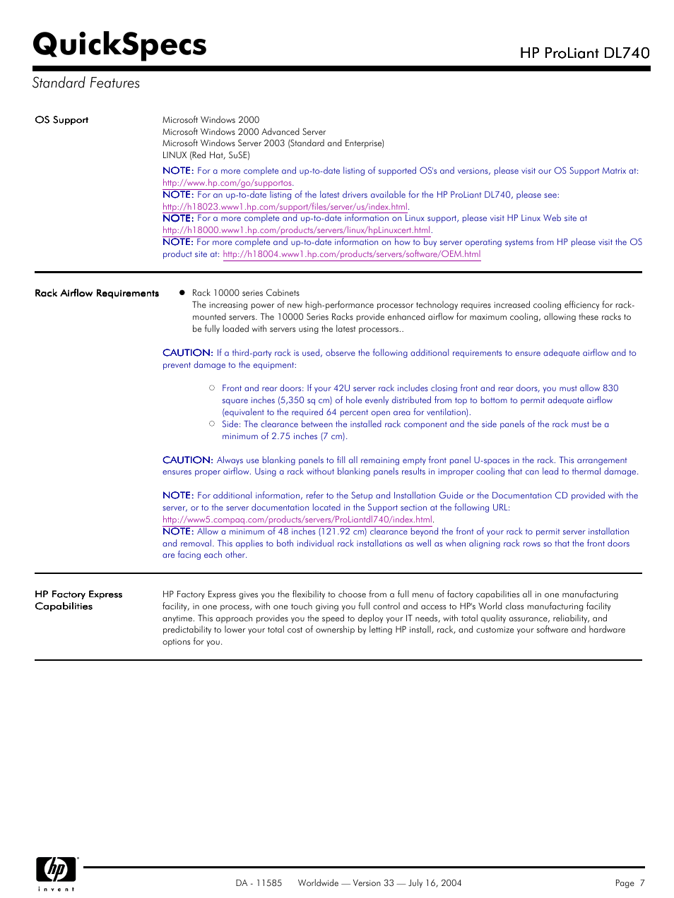 Quickspecs, Hp proliant dl740, Hp proliant dl740 standard features | HP ProLiant DL740 User Manual | Page 7 / 36