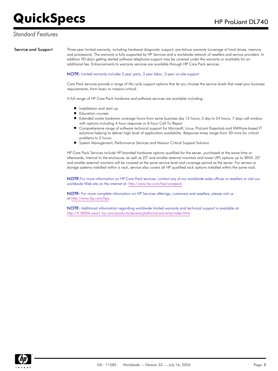 Quickspecs, Hp proliant dl740, Hp proliant dl740 standard features | HP ProLiant DL740 User Manual | Page 8 / 36