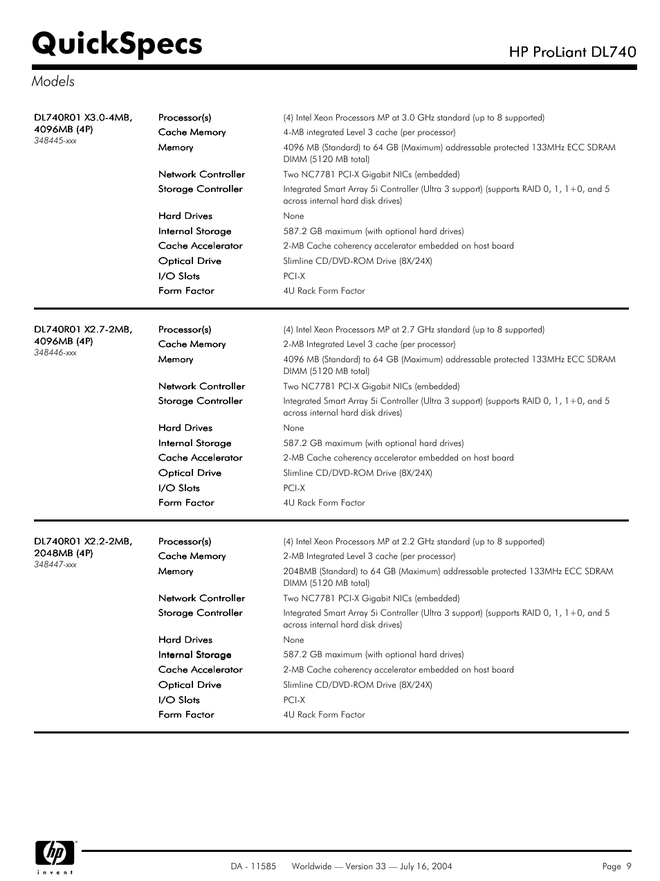 Models, Quickspecs, Hp proliant dl740 | Hp proliant dl740 models | HP ProLiant DL740 User Manual | Page 9 / 36