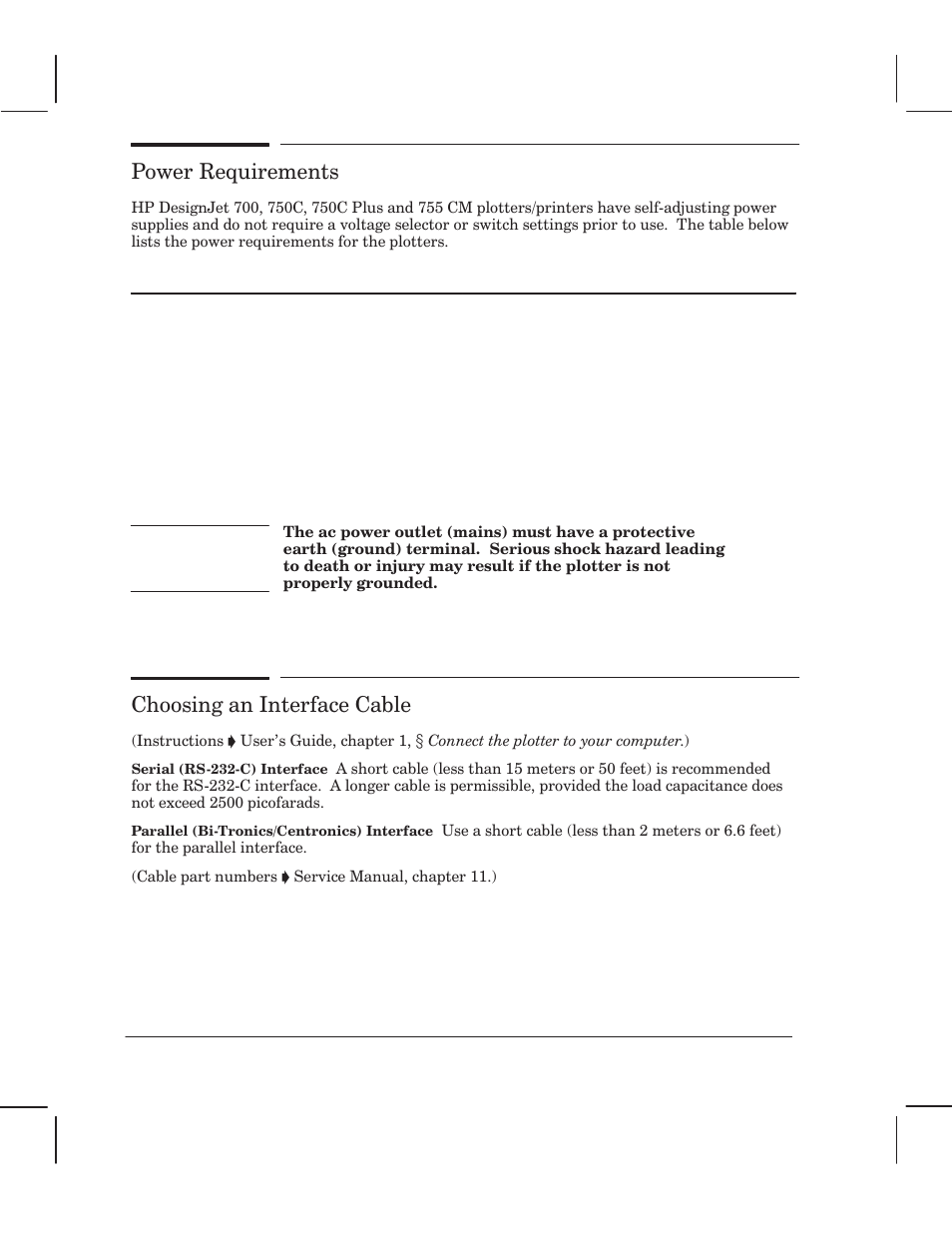 Power requirements, Choosing an interface cable | HP 750 User Manual | Page 20 / 288