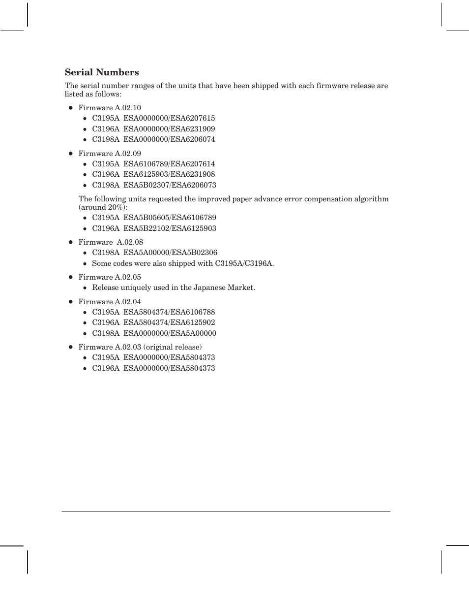 Serial numbers | HP 750 User Manual | Page 206 / 288